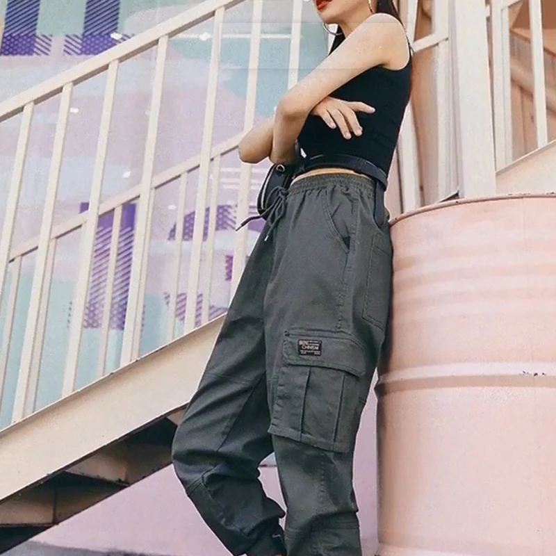 

Loose Women's Bottom Pants Multi-pocket Velcro Beam Pants Women's Straight Solid Color Handsome Tooling Women's Pants 2019 New