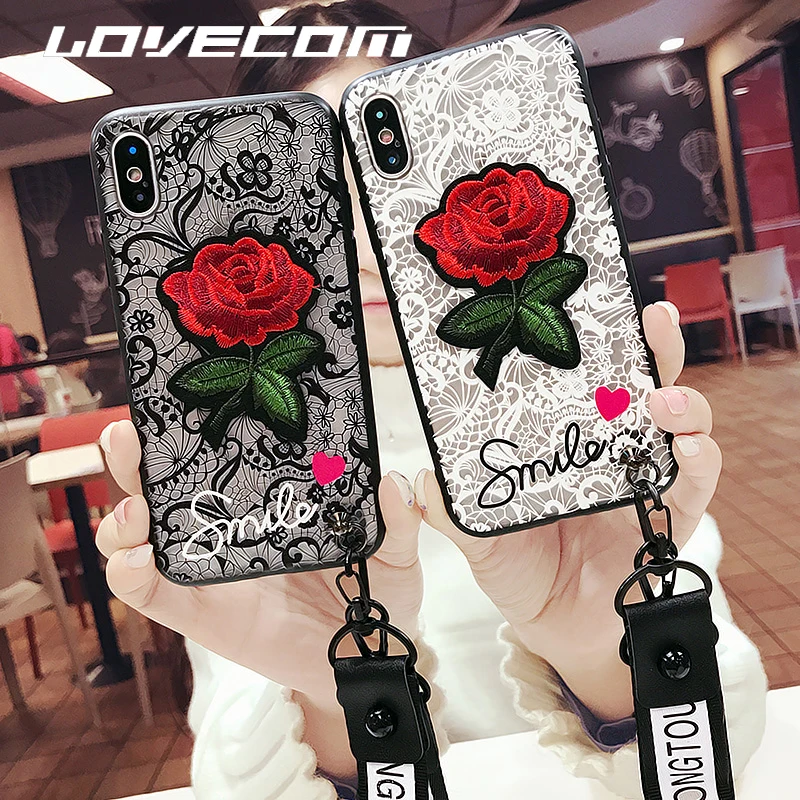 

LOVECOM Fashion Rose Flower Letter Hand Band Pendant Lace Case For iPhone 6 6S 7 8 Plus X Full Body Hard PC Phone Back Cover