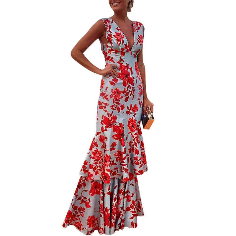 

2019 New Temperament Casual Patchwork Print Long Dresses Europe Sexy Fashion Deep V Dress Summer Wild Women Dress Vestidos CK449