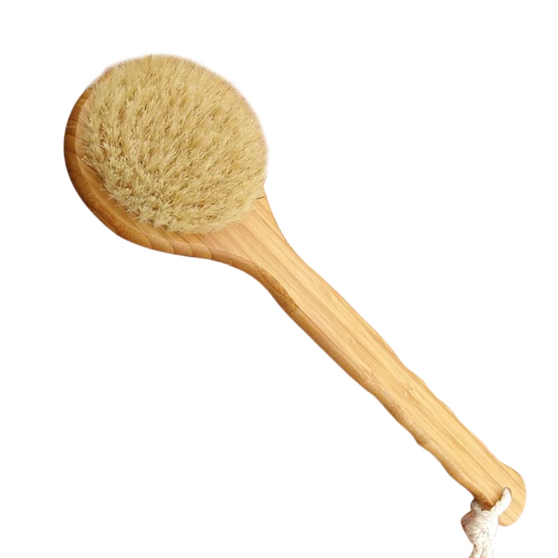 Round Shape Natural Boar Bristle Wooden Brush Long Handle Wooden Detox Wooden Handle Body Brush