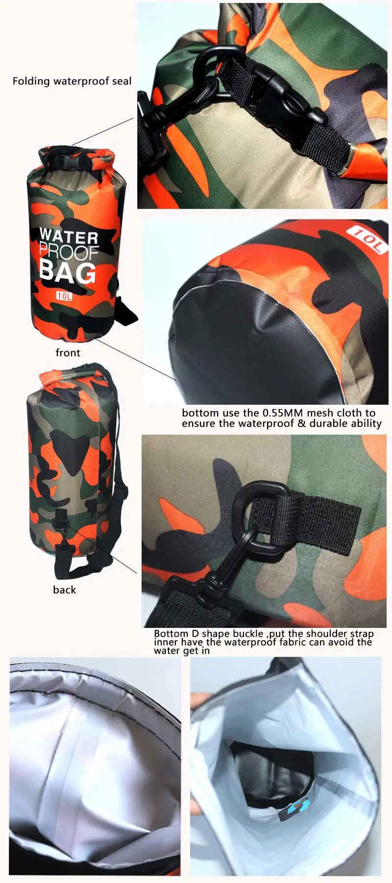 في الهواء الطلق التمويه المحمولة تجمع الغوص جاف كيس PVC للماء للطي السباحة تخزين حقيبة ل نهر الرحلات 2/5 /10L