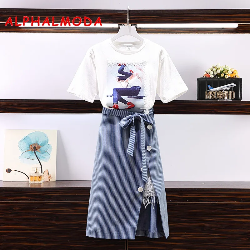 

ALPHALMODA Women Stylish Tshirt + Slit Striped Skirt 2pcs Fashion Sets Summer Print Tshirt Step Skirt Ladies Casual 2pcs Suit