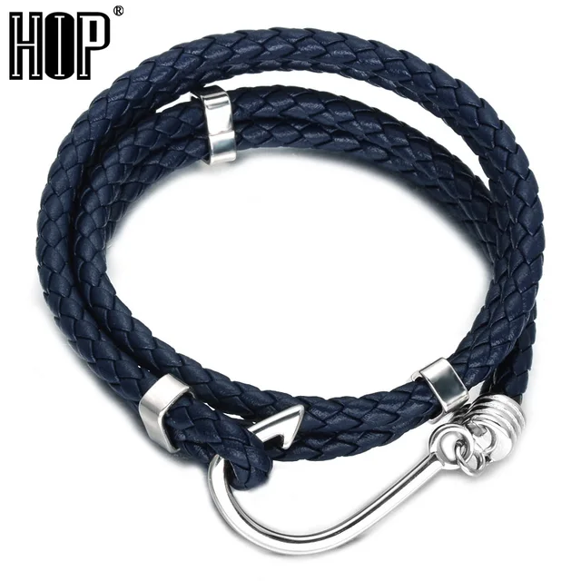 Hip Double Layer Fish Hooks Men Charm Bracelet Blue Rope Chain Hip Double Layer Fish Hooks Men Charm Bracelet Blue Rope Chain Stainless Steel Bracelets