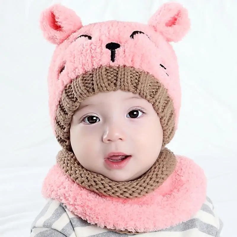 

2 PCS Baby winter Hat and Scarf Set Cap Embroidery Cat earmuffs Warm Hat
