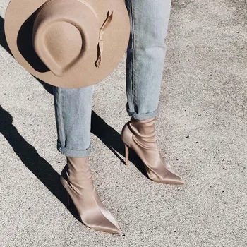 

Fashion Pointed Toe Elastic Sock Boots Women Thin High Heel Stetch Martens Pointed Toe Sext Booties