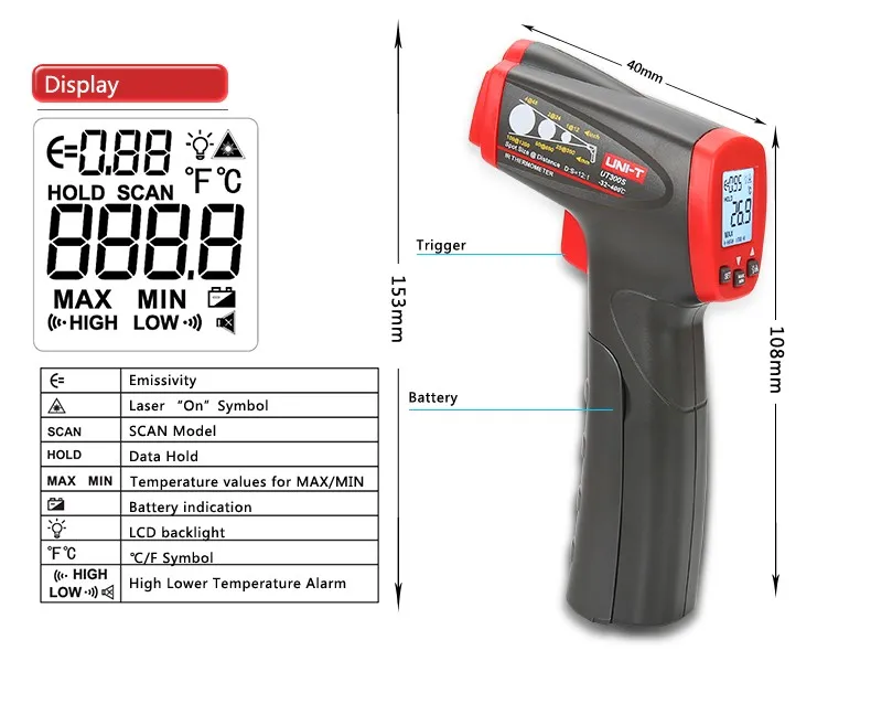 UNI-T UT300S Бесконтактный инфракрасный термометр цифровой инфракрасный термометр Ручной ЖК-дисплей лазерный термометр температурные инструменты