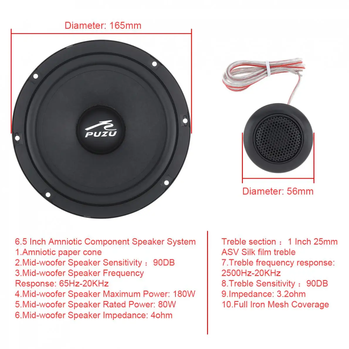 2Pcs 6.5 Inch 12V 180W Universal Car Coaxial Full Range Frequency Stereo Speaker with Tweeter and Frequency Divider