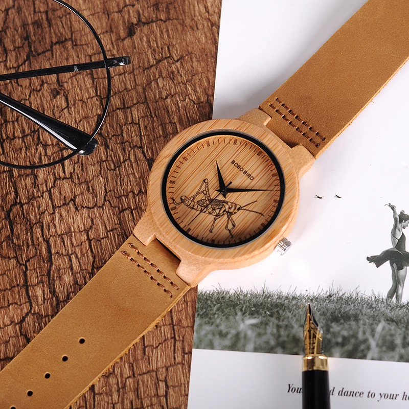 BOBO BIRD Simple Bamboo Watches 3D Print Icon Men Quartz Wristwatch with Leather Strap