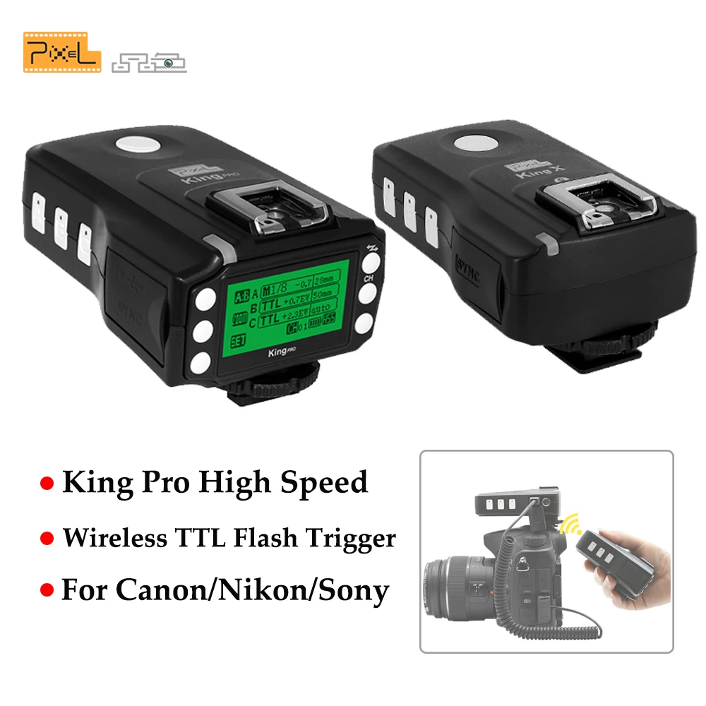 

Pixel King Pro Wireless TTL HSS LED Screen Display Flash Trigger Kit Transmitter and Receivers For Canon Nikon Sony DSLR Cameras