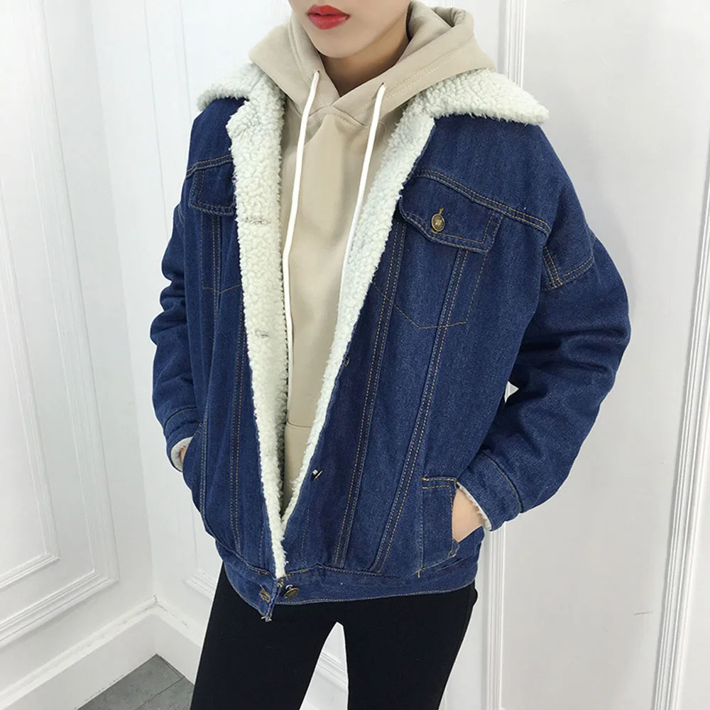 Winter Warm Loose Denim Jacket Women Lambswool Jean Coat