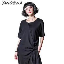 Европейская мода черный личность футболка г. Новые летние женские короткий рукав свободно модальный хлопок нерегулярные рубашка Топы в стиле хип-хоп