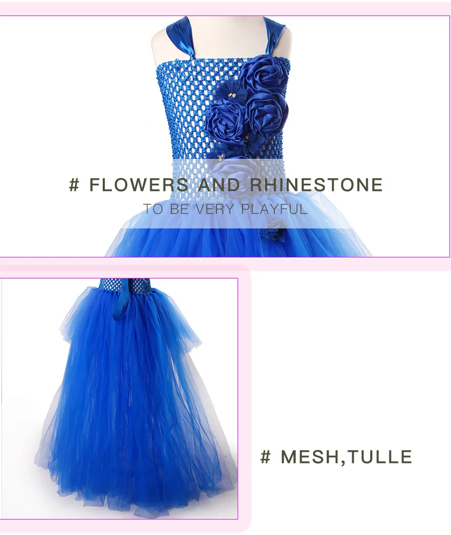 Royal Blue Flowers Girls Tutu Dress High Low Ice Princess Tulle Dress for Wedding Pageant Party Handmade Baby Photo Costume (3)