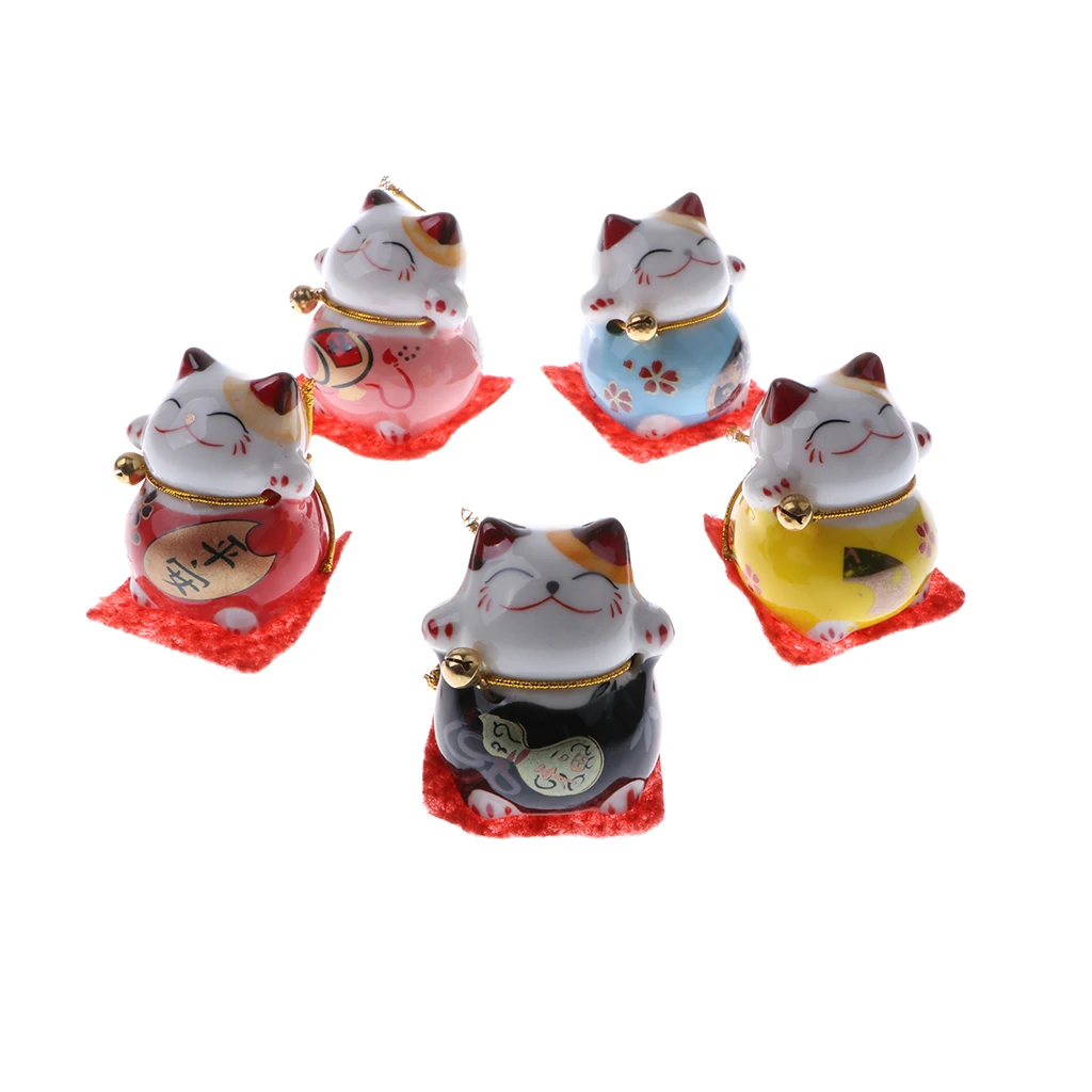 Set of 5 Ceramic Japanese Lucky Cat Fortune Kitten Figurines Cute Smiling Waving Fortune Cat Toy Home Car Decor Ornament #D