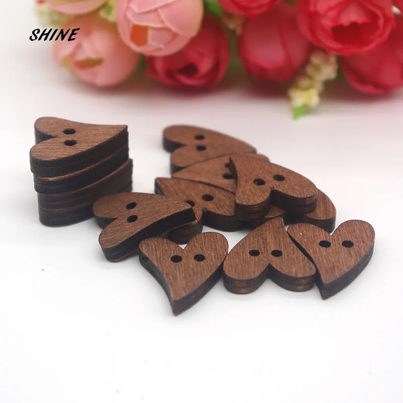 

50PCs Wooden Sewing Buttons Scrapbooking Heart Shape Coffee Colors Mixed 2 Holes Costura Botones Decorate bottoni botoes