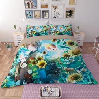 

3D japan anime bedding sets sunflower and boy pattern quilt cover sets good quality blue bedclothes AU Single Double Queen King