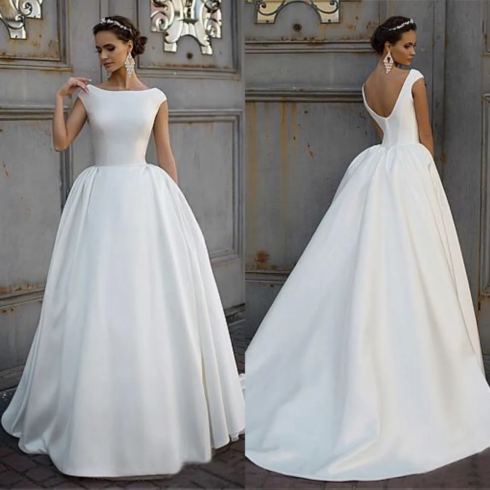 

White Simple Boat Neck Wedding Dress Ball Gowns Satin Open Back Bridal Dress Custom Made Cheap Dress 2019