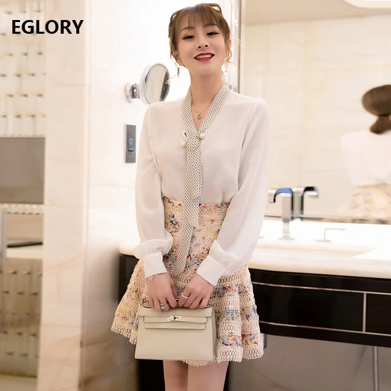 

Top Grade Designer Clothing Sets 2019 Spring Summer Skirt Suit Women Bow Collar 100% Silk Tops Shirt+Hollow Out Lace Skirt Sets
