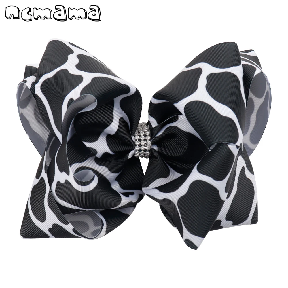 

ncmama Hair Accessories Hair Bows For Girls Cow Print Rhniestone Hair Clips Kids 8 Inch Large Stacked Ribbon Hair Accessories