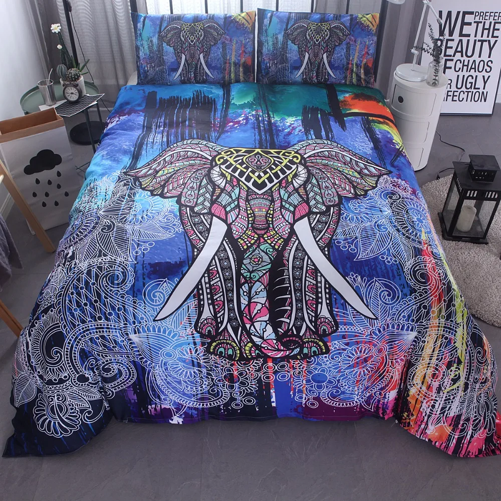 

White Elephant 3PC Bedding Set Bohemian 3D Print Duvet Cover and Pillowcase Indian Elephant Exotic Bedclothe Multi Sizes Bed set