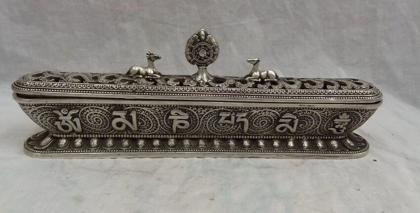 

JP S0114 13" Tibet Silver Buddhist Old HanZi Auspicious Statue Box Incense Burner Censer B0403