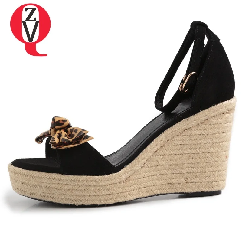 

ZVQ shoes woman 2019 summer new fashion super high wedges platform kid suede woman sandals outside open toe bowtie buckle shoes