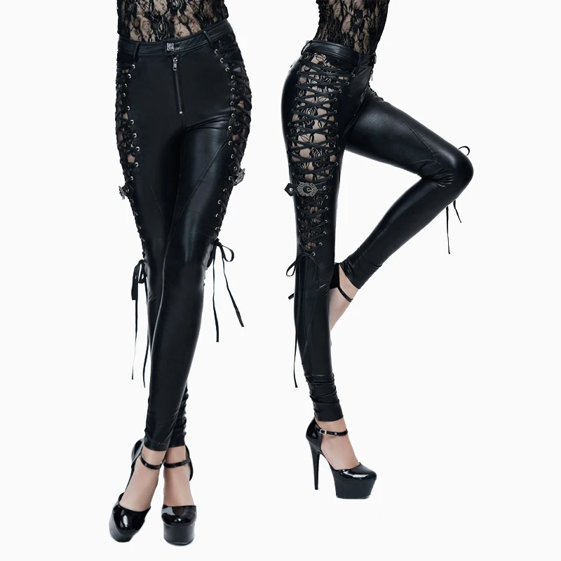 Женские облегающие брюки Devil Fashion в стиле панк черные стрейч из искусственной