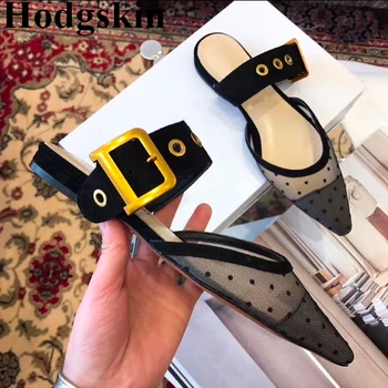 

2019 New Summer Lazy Women Slippers Buckle Strap Metal Decoration Flat Female Sandals Pointed Toe Soft Slingback Ladies Shoes