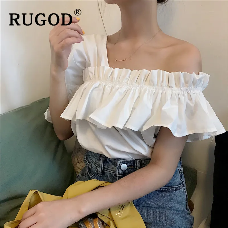 Женская блузка RUGOD белая на одно плечо с расширяющимся рукавом лето 2019|Блузки| |