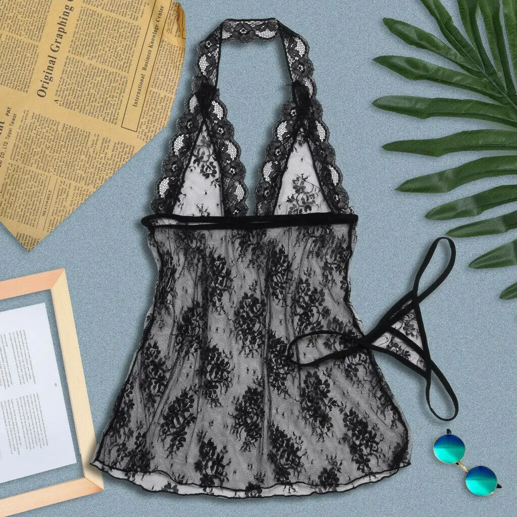 

Sexy Lingerie Lace Dress G-string Thong Babydoll Black See-through Sleepwear Underwear Nightwear Night Dress 2019 Fashion
