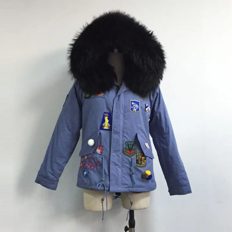 Couleur Manteau Fleur Bleu Denim Version Veste Courte Noir Collection Badge Nouvelle De Fourrure Broderie pq4tS4Y
