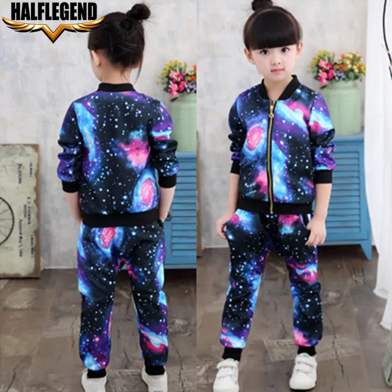 

2018 Spring Autumn Kids Clothing Sets Long Sleeve Jacket Pants Magic Space Girls Clothes Tracksuits Universe Children Sports