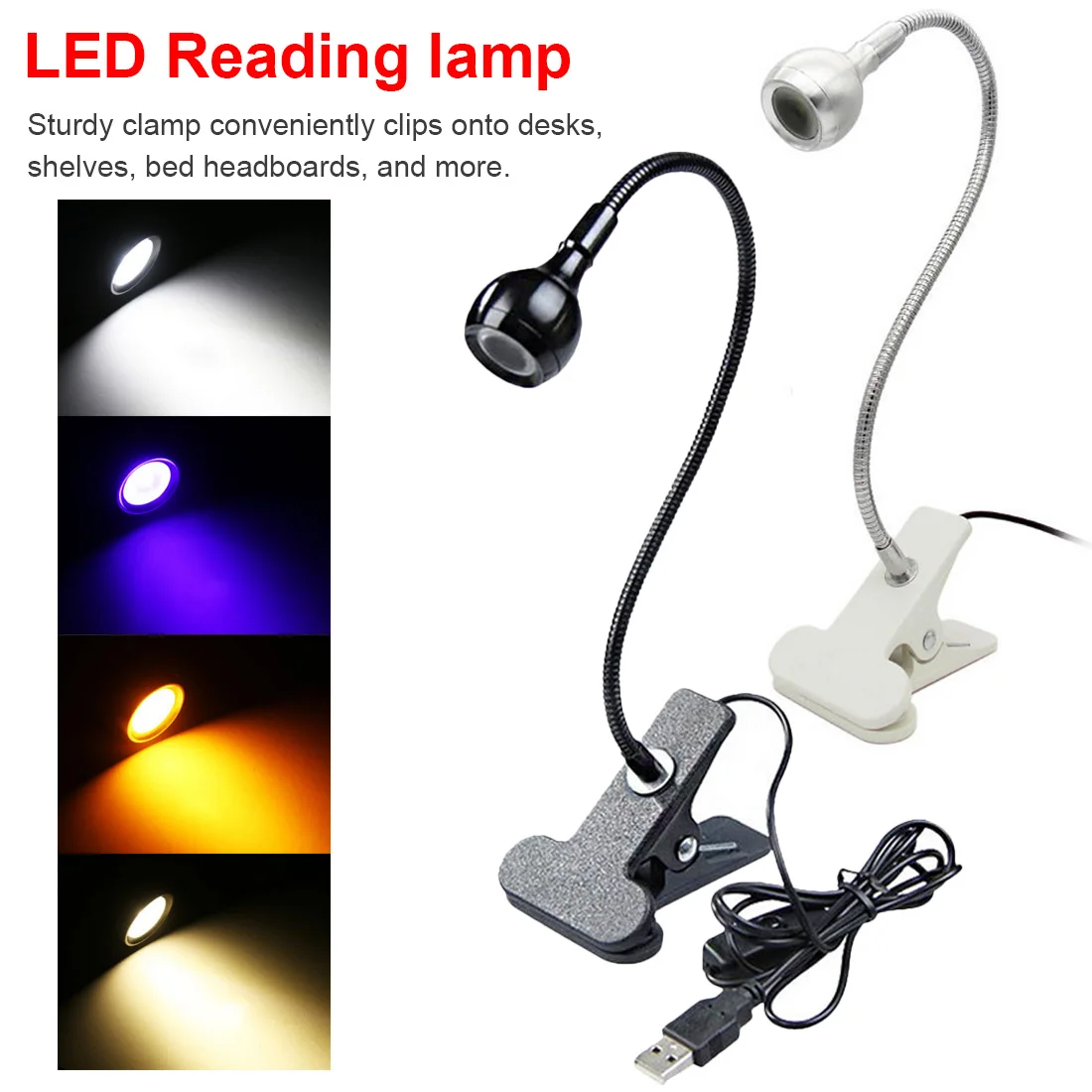 

USB Rechargable Flexible Eye-care Adjustable Reading LED Light Clip-on Clamp Beside Table Desk Lamp Laptop Book Studying Light
