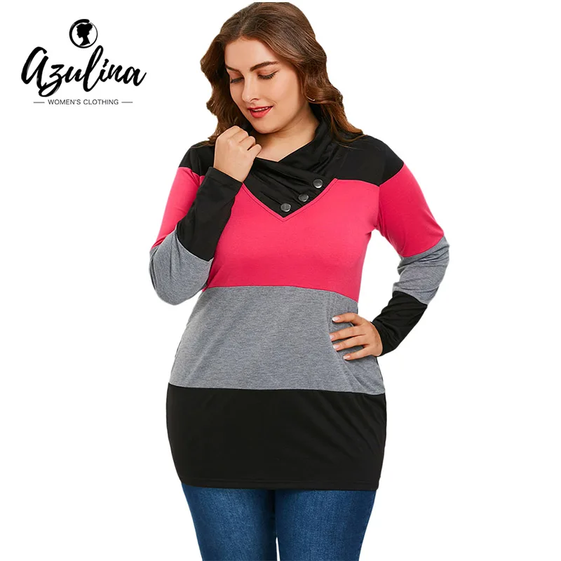 AZULINA Plus Size Tops Women T Shirt Long Sleeve Heaps Collar T-Shirt 2018 Spring Casual Buttons Panel Striped Tshirts Pullover