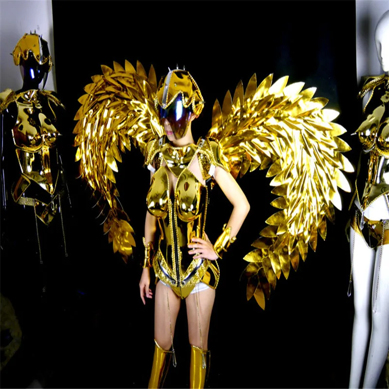 

KS28 Bar stage wears gold mirror costumes dj armor helmet outfit disco robot suit perfor dress clothe singer wings show clothes
