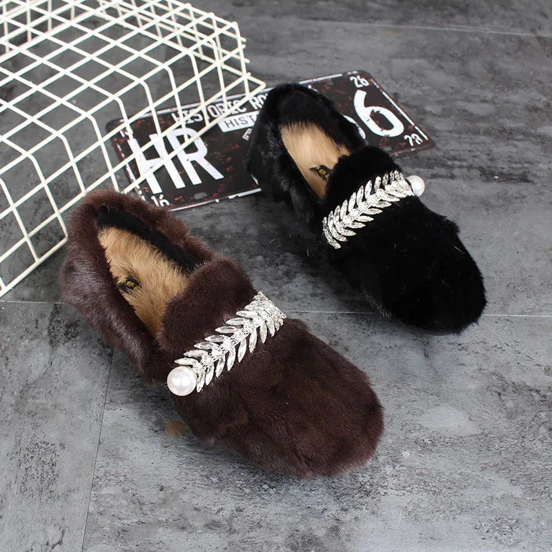 EXCRARO Natural Mane Fur Winter Flats Loafers Woman 2018 Rhinestone Female Luxury Fur Casual Shoes Velvet Warm Cotton Padded