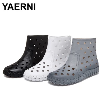 

YAERNI Soft Genuine Leather Boots 2017 Fashion New Leather Casual Holes Shoes Pure Hand-sewn Ankle Boots For Women Autumn E17