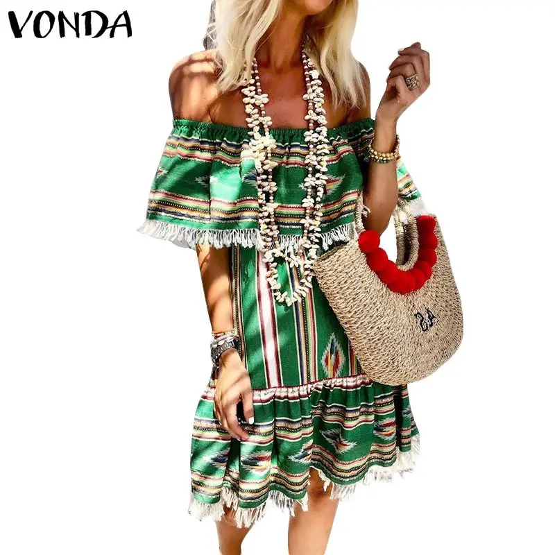 VONDA فستان صيفي النساء 2019 مثير قبالة الكتف فساتين مُزينة بطباعة خمر مائل الرقبة عارضة الشاطئ Vestido حزب فستان الشمس زائد حجم