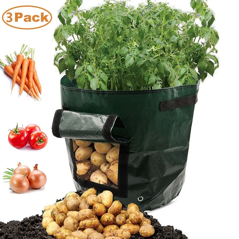 3 упаковки PE 10 галлонов садовые мешки для выращивания лука картофеля мешок-клумба для овощей, огородная кармашки для выращивания растений горшки плантаторы водонепроницаемый контейнер мешок