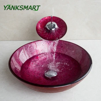 

YANKSMART UniqueTempered Glass Basin Bathroom Washbasin Sink Faucet Set Counter Top Washroom Vessel Vanity Cold & Hot Mixer Tap