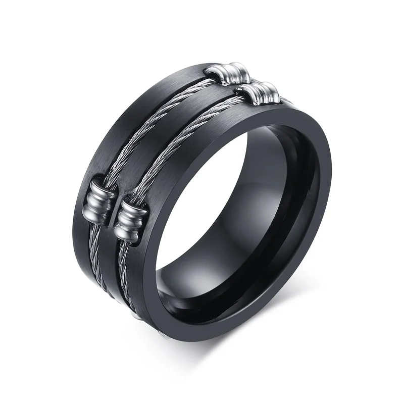 meaeguet jewelry 10mm titanium mens black wedding bands round rings with double wire cable in slit - Mens Black Wedding Ring meaeguet jewelry 10mm titanium mens black wedding bands round rings with double wire cable in slit - Mens Black Wedding Ring