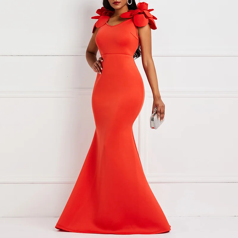 

Summer Mermaid Long Party Dress Women Elegant Evening 2019 Stylish 3D Flower Designer Robe Vintage Red Sexy Bodycon Maxi Dresses