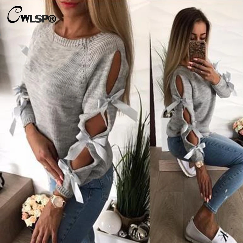 CWLSP 2018 Autumn Winter Sweater For Women O Neck Knitted Fashion Hollow Out Lace Up Bowknot Sweater Long Sleeve Pullover QZ3065