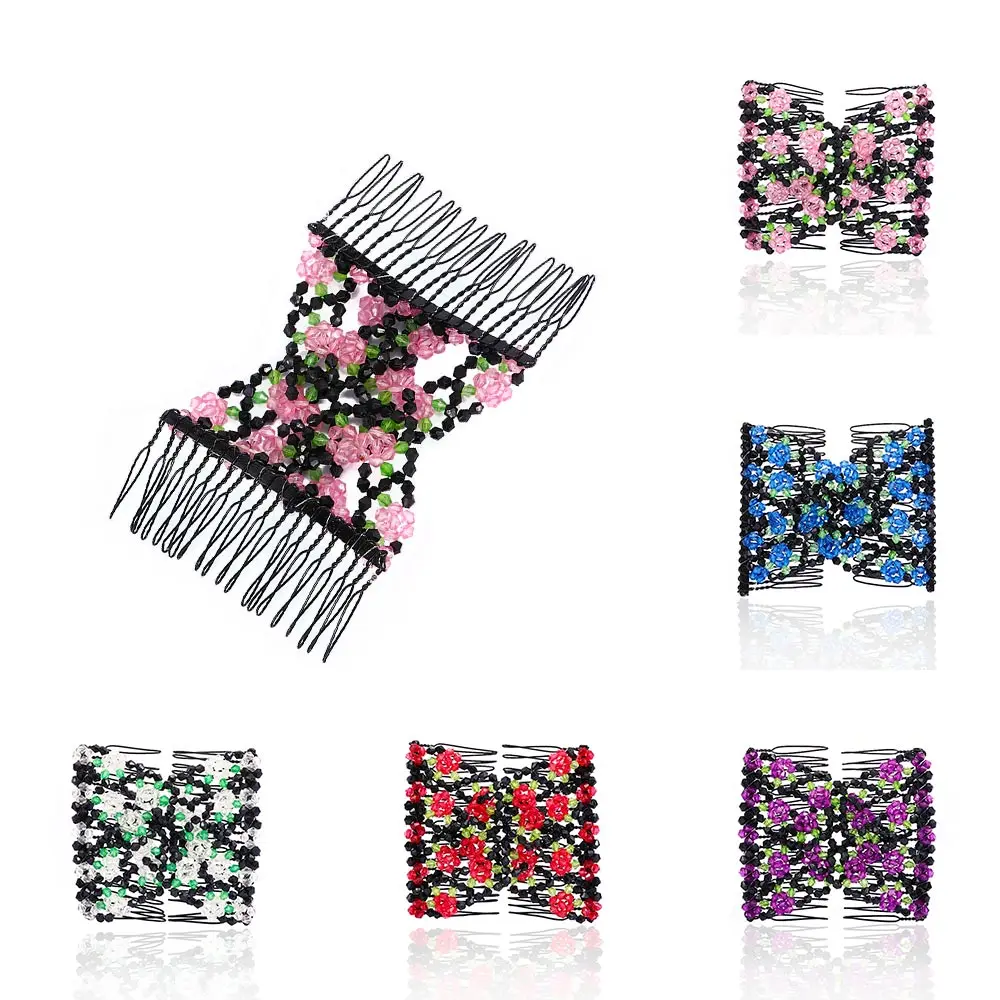 

Double Fashion Women Hair Comb Chic Magic Beads Elasticity Clip Stretchy Bow Flower Hair Combs Clips Hair Accessories