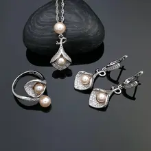 Серебро 925, Свадебные Ювелирные наборы для женщин, Розовый жемчуг, бусы, белый кристалл, серьги, ожерелье, Peandant, Открытое кольцо, набор