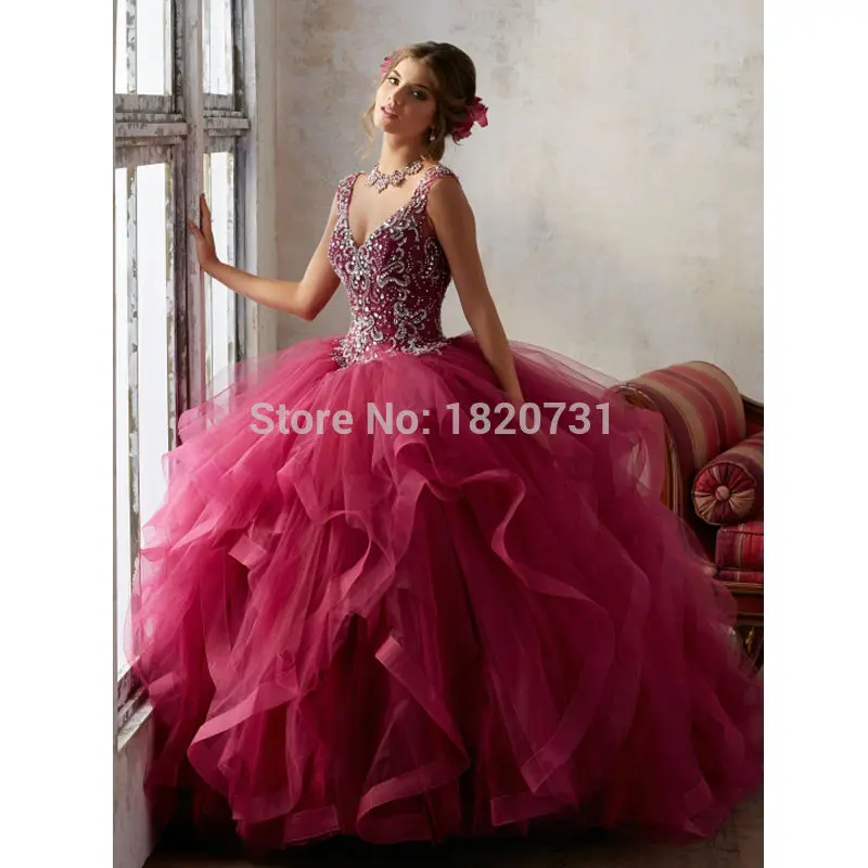 Beautiful Rose Red Lace Up Back Quinceanera Dress 2017 Beading Sequin Cap Sleeves Girls Debutante Dress Vestido de 15 nos