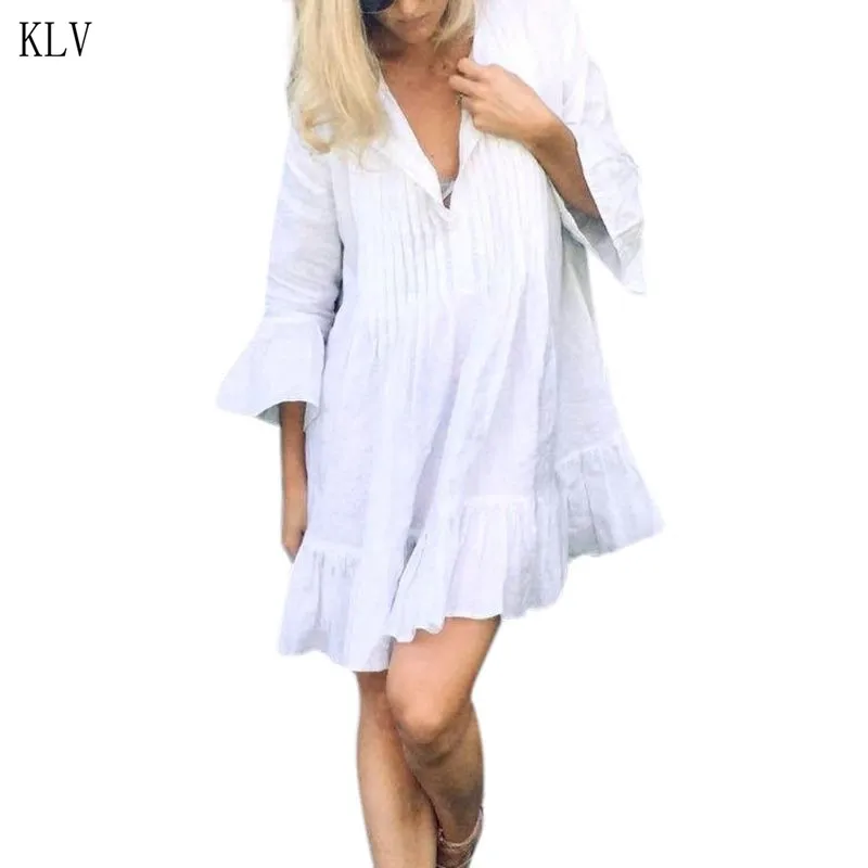 Женский летний купальник-бикини с длинными расклешенными рукавами, негабаритная плиссированная блуза на пуговицах с v-образным вырезом, пуловер, туника, топы с оборками, подол B