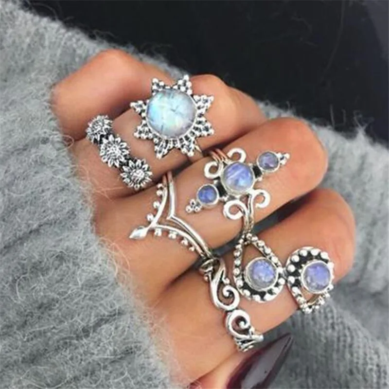 Boho винтажное серебряное кольцо с большим камнем, набор для женщин, модное богемное ювелирное изделие, новинка, хит - Цвет основного камня: Серый