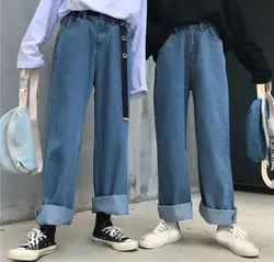 2019 летние женские свободные джинсы с высокой талией, с широкими штанинами, с карманами, на пуговицах, прямые джинсовые длинные брюки