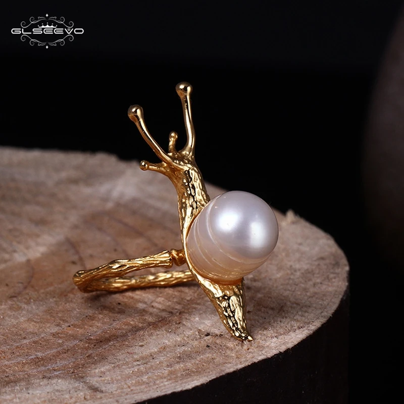 

GLSEEVO 925 Sterling Silver Adjustable Snail Pearl Rings For Women Cute Inset Ring Handmade Jewelry Bague Femme Anillos GR0013
