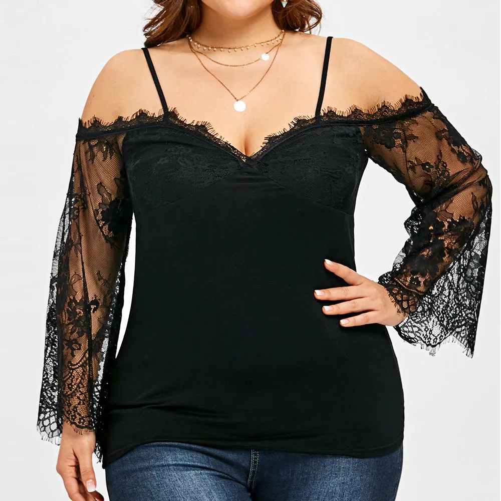 Женские блузки 5xl размера плюс, кружевной топ с открытыми плечами, женская рубашка большого размера, кружевные повседневные топы с длинным рукавом, блузка blusa feminina6.5L3